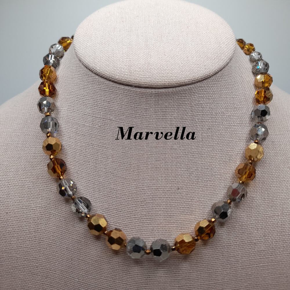 Vintage Marvella Crystal Necklace, Topaz Silver Beads 8mm, 16 1/2 Inches, 1950s